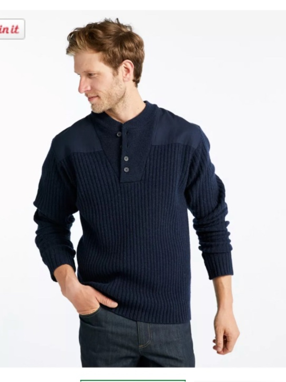 L.L. Bean Men’s Navy Commando Henley Sweater, Merino Wool